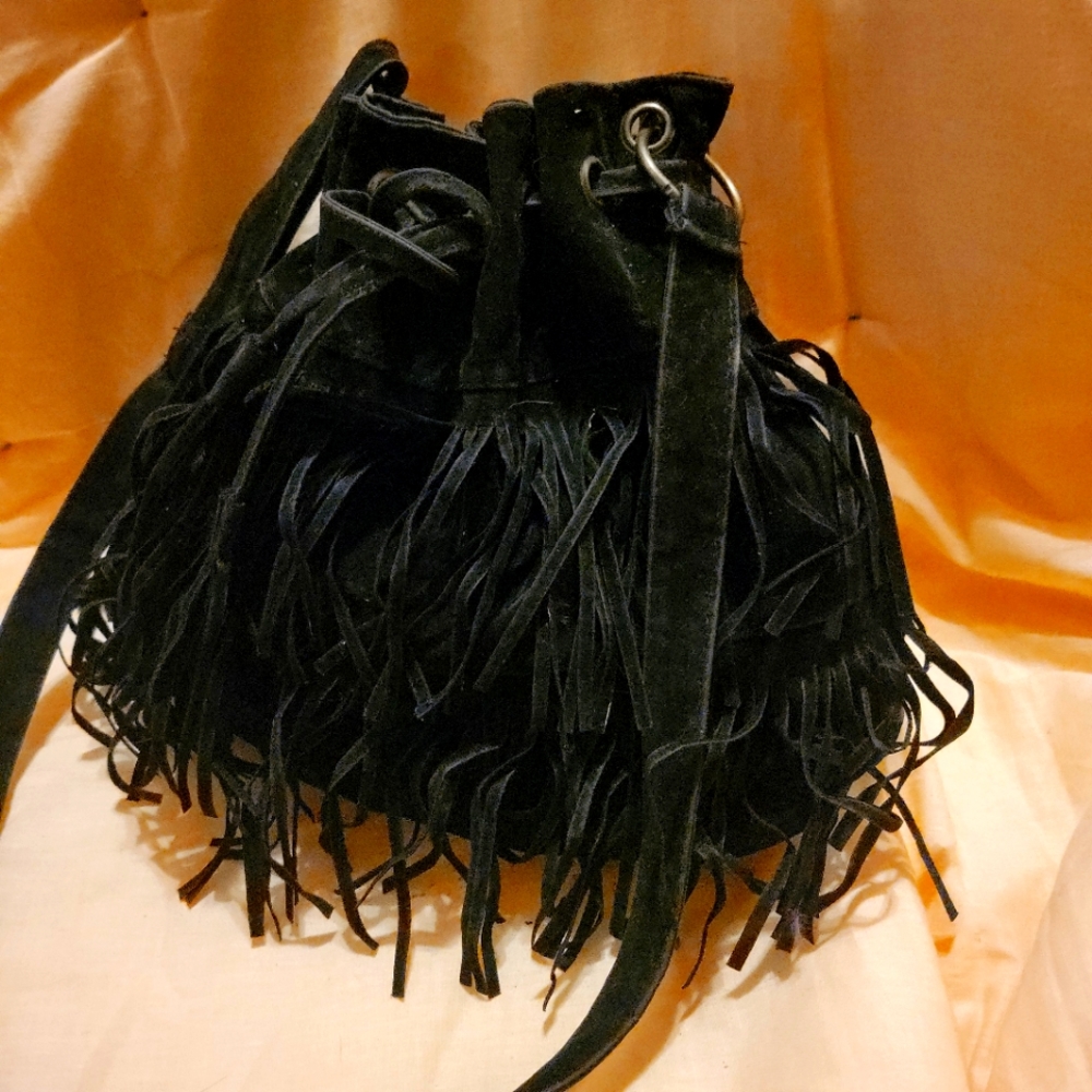 Black Leather Fringed Satchel Bag